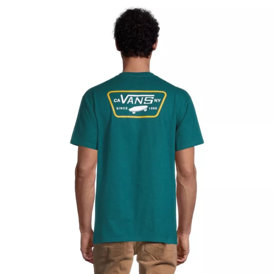 Vans Férfi Teljes Folt Hátul Póló Rövid Ujjú Nyakú Pamut Grafikus Mély Kékeszöld Fehér