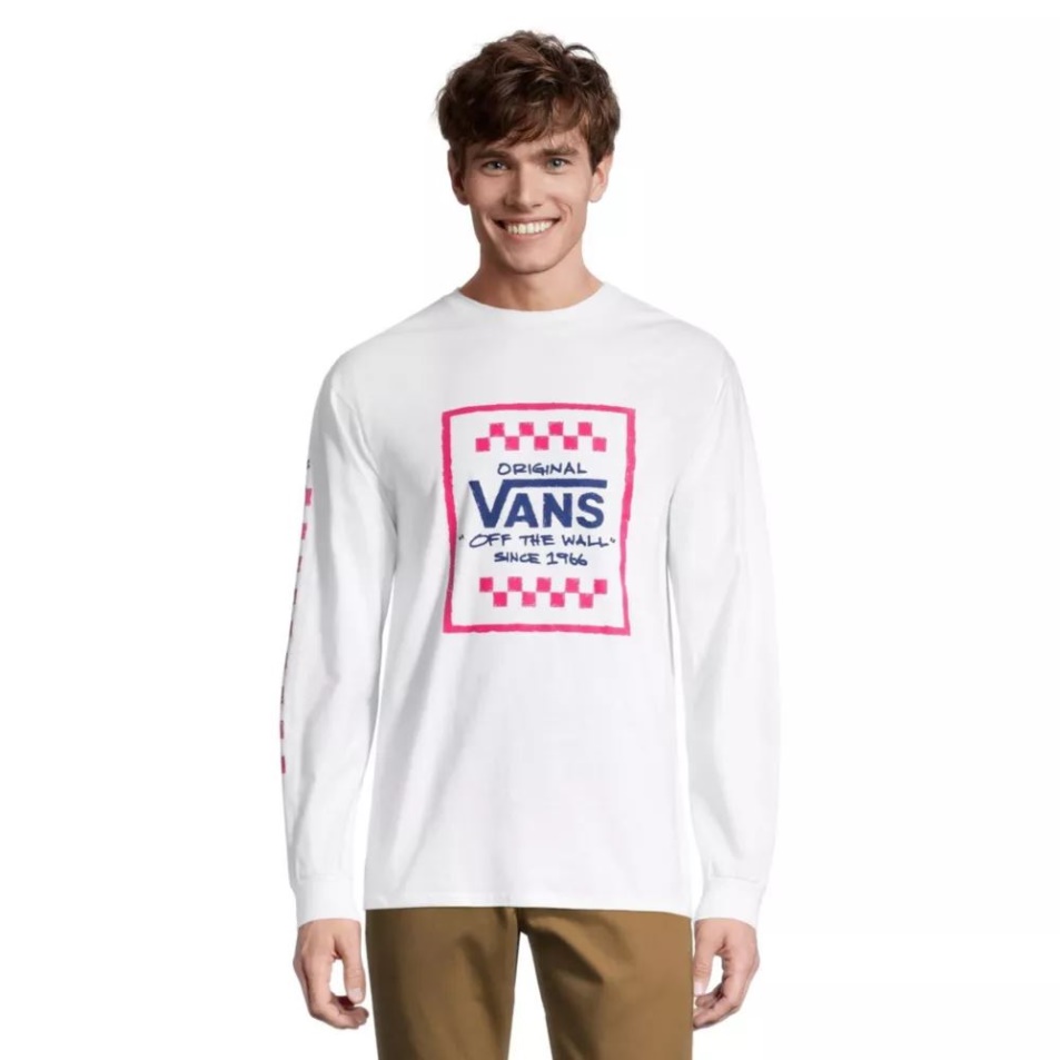 Vans Férfi Vázlatos Múlt Póló Hosszú Ujjú Legénység Nyakú Pamut Grafikus Fehér